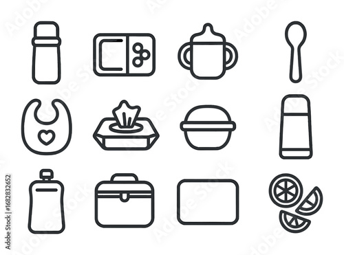 Portable Feeding Essentials. Outline icon set of feeding on the go: insulated bottle, snack box, sippy cup,
