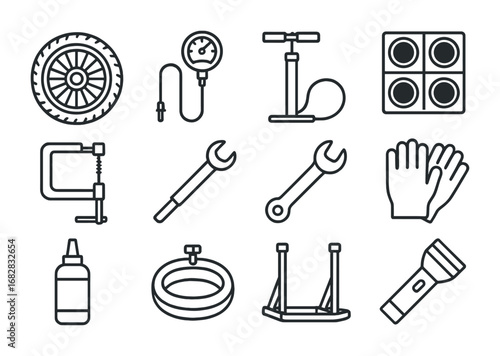 Motorcycle Tire Maintenance Icons. Outline icon set of motorcycle tire maintenance: motorcycle wheel, tire