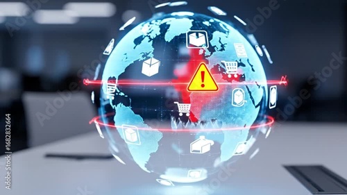 A digital globe shows a global network with a warning sign, representing cybersecurity threats, supply chain risks, and potential global crises