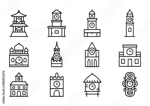 Global Clock Icons. Outline icon set of cultural heritage clocks: traditional Japanese clock tower, Ottoman