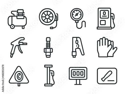 Tire Inflating Icons. Outline icon set of tire inflating stations: air compressor, hose reel, pressure gauge,