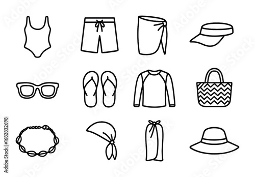Summer Fashion Icons. Outline icon set of summer seaside fashion: swimsuit, board shorts, sarong, sun visor,
