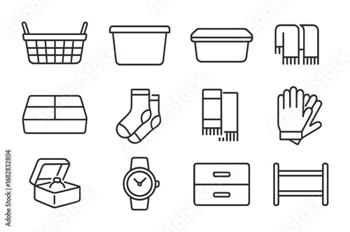 Storage Solutions Icons. Outline icon set of Small item storage solutions: basket, bin, lid, divider, socks,