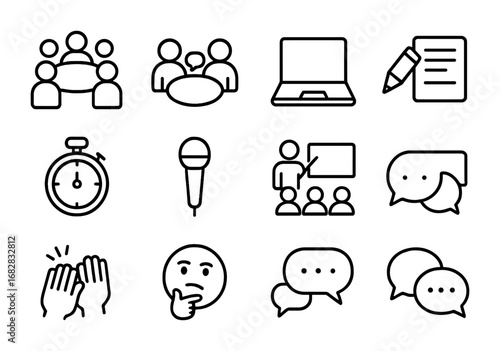 Group Discussion Icons. Outline icon set of Group discussions: people sitting, round table, speech bubbles,