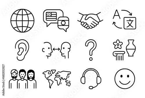 Cross-Cultural Icons. Outline icon set of Cross-cultural communication: globe, speech bubbles with flags,