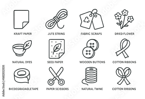 Eco-Friendly Wrapping Icons. Outline icon set of Eco-conscious wrapping materials: kraft paper, jute string,