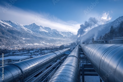 Industrial pipes snaking through a snowy mountain valley