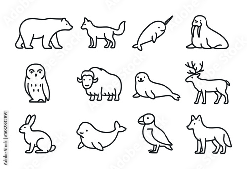 Arctic Animal Icons. Outline icon set of Arctic animals: polar bear, arctic fox, narwhal, walrus, snowy owl,