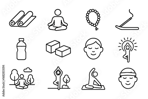 Yoga Icons Grid. Outline icon set of group yoga in the park: yoga mats, lotus pose, meditation beads, incense,