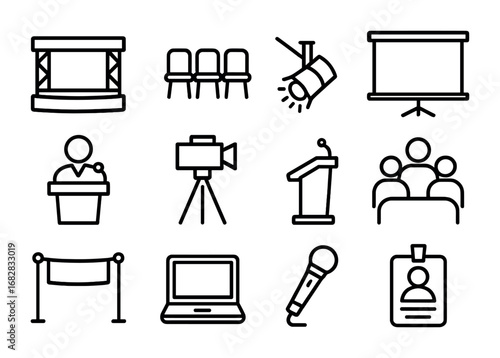 Conference Icon Set. Outline icon set of business conference setup: stage, chairs, spotlight, screen, speaker,