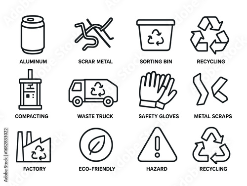 Metal Recycling Icons. Outline icon set of metal waste recycling: aluminum can, scrap metal, sorting bin,