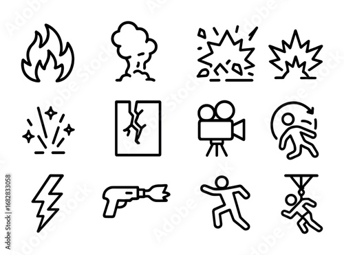 Movie Effects Icons. Outline icon set of special effects in movies: fire burst, smoke plume, debris flying,
