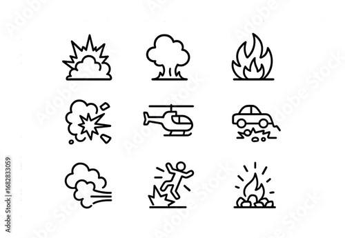 Cinematic Explosion Icons. Outline icon set of intense movie explosions: blast, smoke, fire, shrapnel,