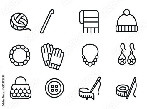 Crochet Accessory Icons. Outline icon set of crocheted accessory designs: yarn, crochet hook, scarf, hat,