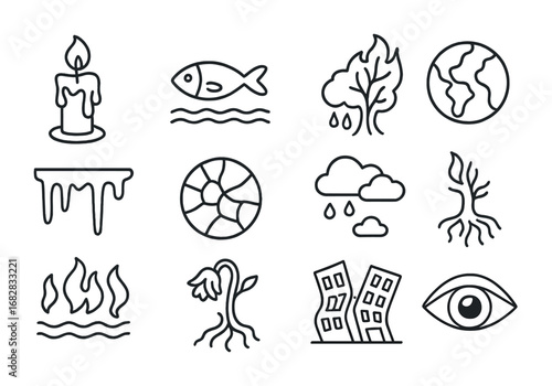 Artistic Climate Symbol Icons. Outline icon set of artistic climate change symbolism: melting candle, floating