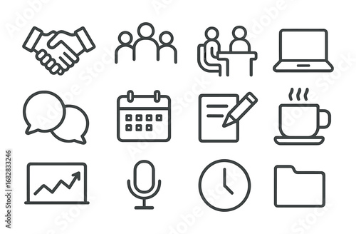Workplace Icon Set. Outline icon set of workplace collaboration: handshake, teamwork, meeting table, laptop,