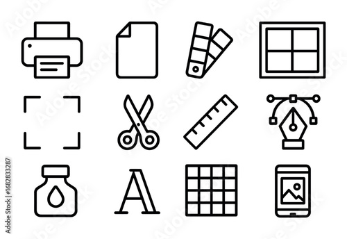 Print Design Icons. Outline icon set of print design: printer, paper, color palette, layout, crop marks,