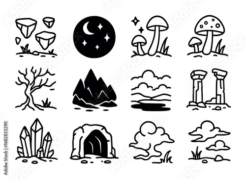 Otherworldly Icon Set. Outline icon set of otherworldly landscapes: floating rocks, dark sky, eerie stars,