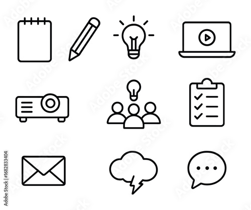Creative Meeting Icons. Outline icon set of creative meeting tools and activities: sketchpad, pencil, idea