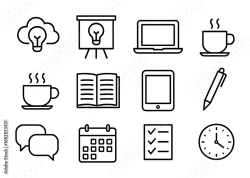 Idea Generation Icons. Outline icon set of idea generation and team meetings: brainstorming cloud, flip chart,