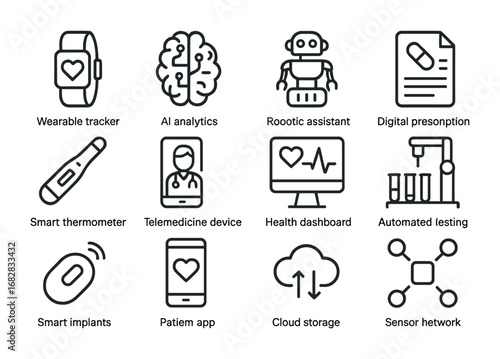 Smart Healthcare Icons. Outline icon set of smart healthcare systems: wearable tracker, AI analytics, robotic