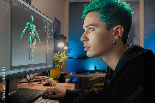 3D artist working on video game character art, using 3D modelling program on computer to create robotic humanoid.