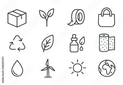Sustainable Packaging Icons. Outline icon set of sustainable packaging design: cardboard box, plant fiber, eco