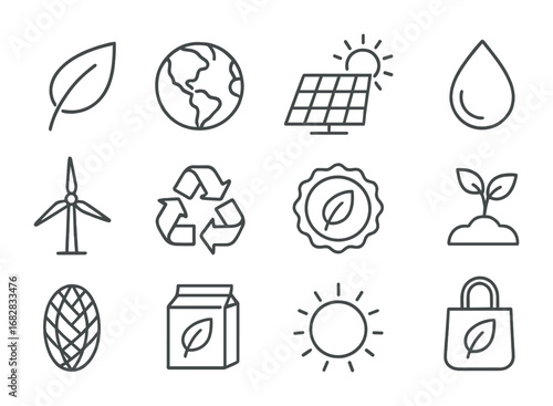 Eco Icon Set. Outline icon set of eco-conscious branding: leaf, earth, solar panel, water droplet, wind