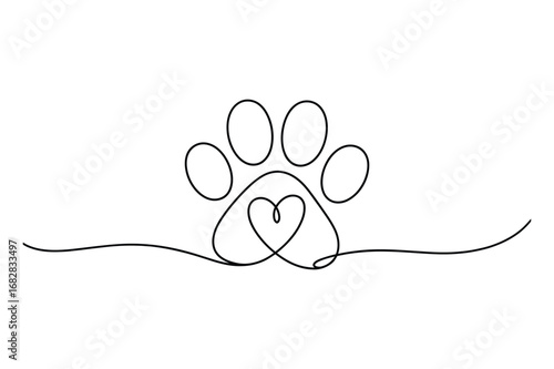 Continuous Line Paw with Heart Illustration Minimal Pet Love Concept Drawing