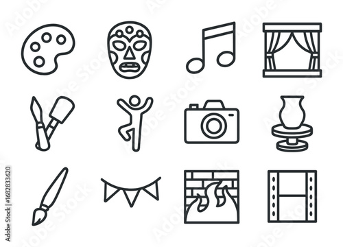 Art and Culture Icons. Outline icon set of art and culture intersections: paint palette, tribal mask, music