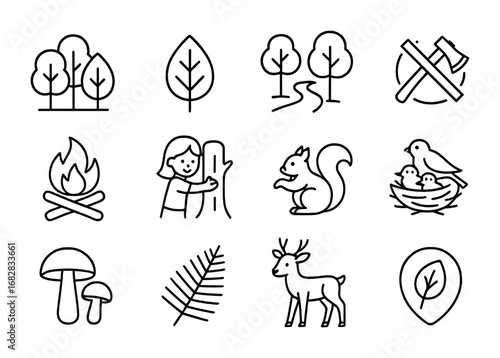 Children Protecting Forests. Outline icon set of children protecting forests: trees, leaf, forest trail, axe
