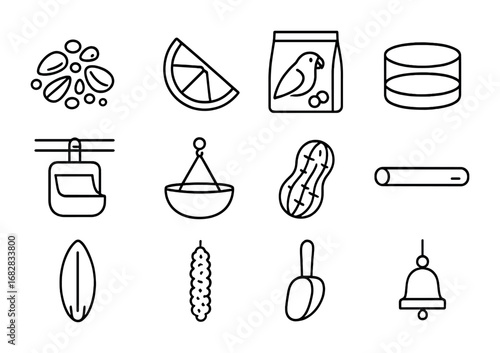 Parrot Feeding Icons. Outline icon set of feeding parrots: seed mix, fruit slice, pellet bag, water cup, cage