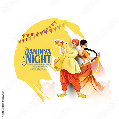 Dandiya Dance Celebration During Navratri Festival Night  Dandiya dance performance during the Navratri festival with colorful costumes and an energetic ambiance.