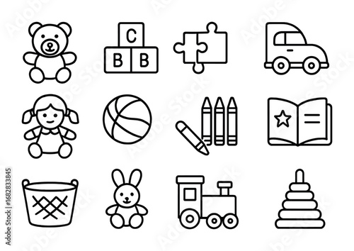 Kids' Toy Icons. Outline icon set of kids’ toy basket storage: teddy bear, building blocks, puzzle pieces, toy
