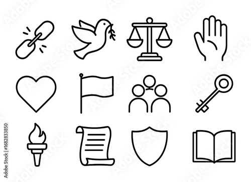 Abolition Icon Set. Outline icon set of the abolition of slavery: broken chain, dove, scales, raised hand,