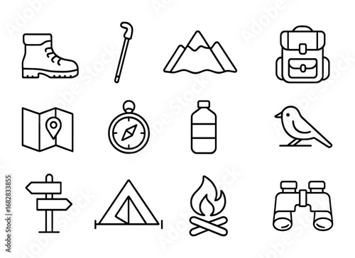 Hiking Essentials Icons. Outline icon set of hiking travel guides: hiking boots, walking stick, mountain,