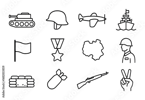 World War II Icons. Outline icon set of World War II events: tank, helmet, airplane, battleship, flag, medal,