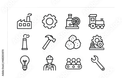 Industrial Revolution Icons. Outline icon set of the Industrial Revolution: factory, gear, steam engine, train