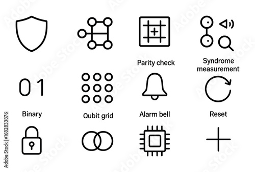 Quantum Error Icon Set. Outline icon set of quantum error correction: shield, stabilizer code, parity check,