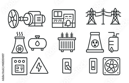 Power Plant Icons. Outline icon set of power plant systems: turbine, generator, control room, power lines,