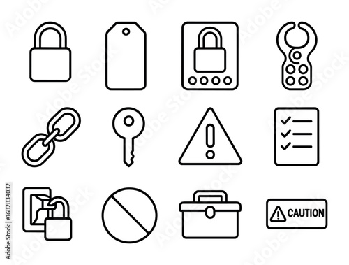 Lockout Safety Icons. Outline icon set of lockout tagout safety: padlock, tag, lock station, hasp, chain, key,
