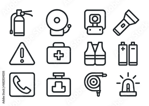 Emergency Icon Set. Outline icon set of emergency electrical response: fire extinguisher, alarm bell,