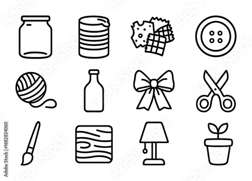Upcycled Gift Icons. Outline icon set of upcycled gifts: glass jar, tin can, fabric scraps, button, yarn,