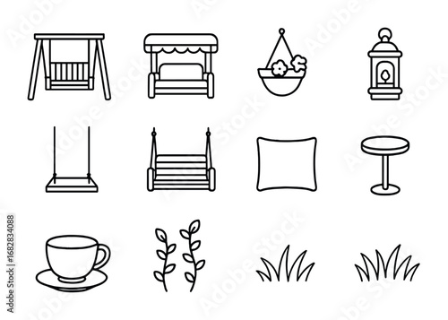 Garden Swing Icons. Outline icon set of garden swings: wooden frame, cushioned seat, canopy top, flower pot,