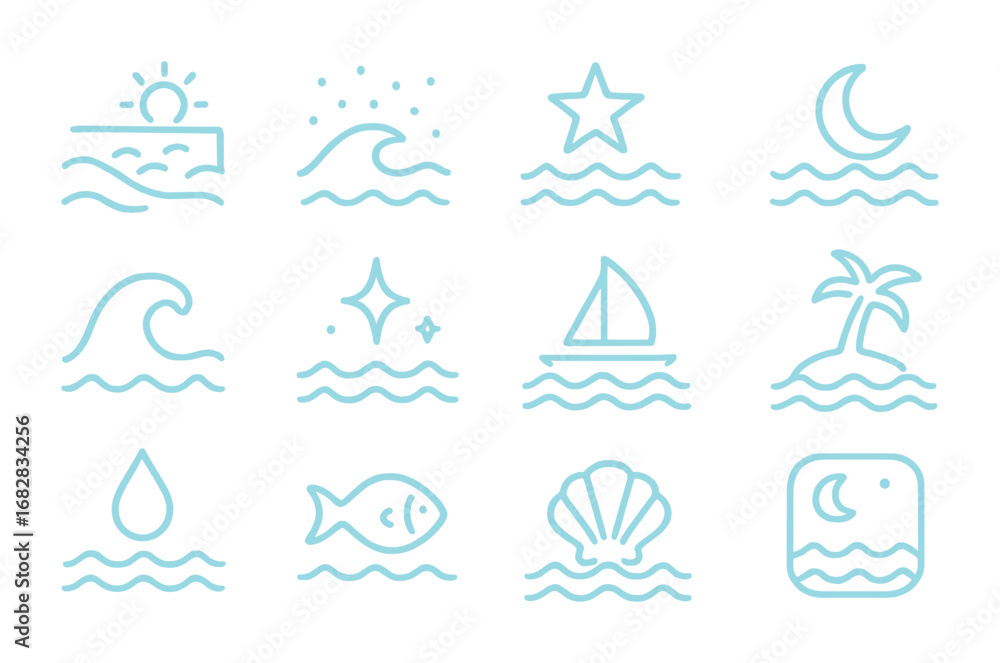 Obraz premium Glowing Ocean Icons. Outline icon set of glowing ocean waves: beach, plankton glow, star, moon, wave crest,