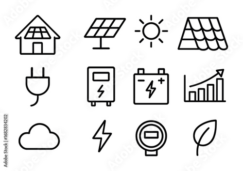 Solar Icon Grid. Outline icon set of rooftop solar panels: house, tilted solar panel, sun, roof tiles, cable,
