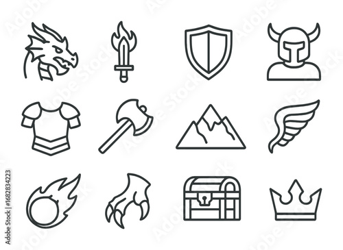 Warriors and Dragons Icons. Outline icon set of warriors and dragons: dragon head, flaming sword, shield,