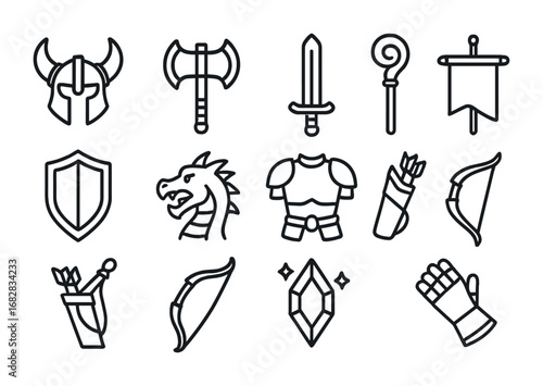 Fantasy Warrior Icons. Outline icon set of fantasy warriors: horned helmet, axe, broadsword, magic staff,