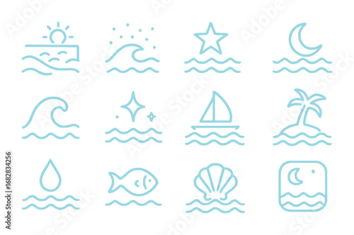 Glowing Ocean Icons. Outline icon set of glowing ocean waves: beach, plankton glow, star, moon, wave crest,