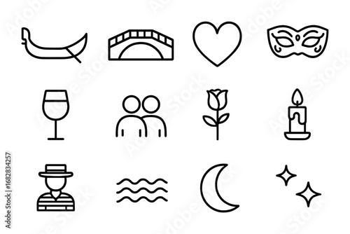 Venetian Romance Icons. Outline icon set of Venice romance: gondola, canal bridge, heart, mask, wine glass,